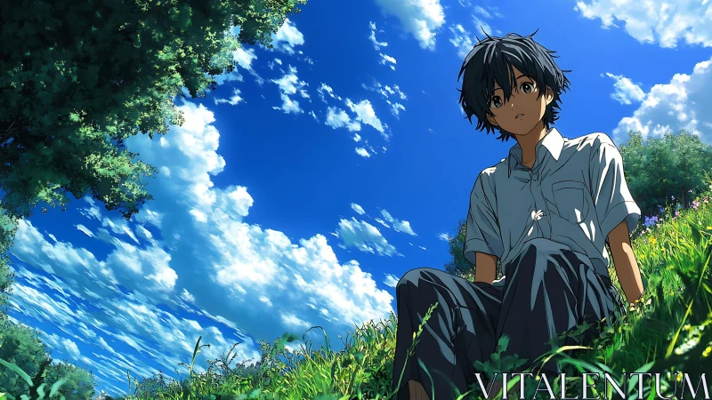 Boy rests in sunlit meadow under vivid summer sky.