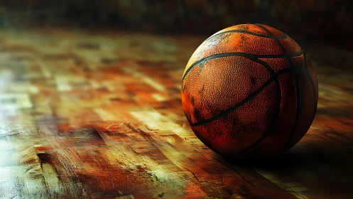 Textured basketball resting on warm wooden court floor.