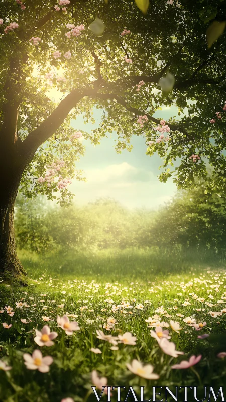 Sunlit spring meadow glows beneath blossoming tree canopy