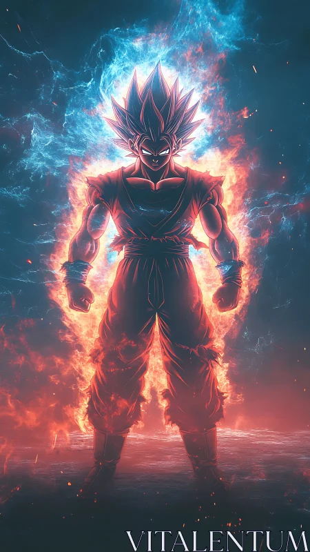 Fiery anime warrior stands powered up in crackling aura.