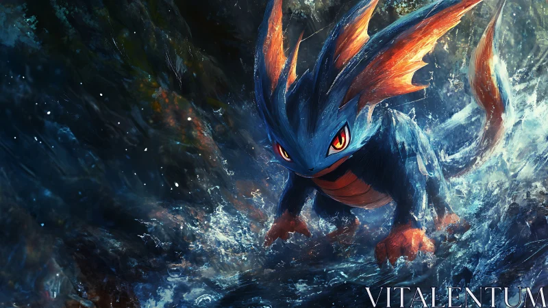 Aquatic creature in turbulent water with glowing accents.