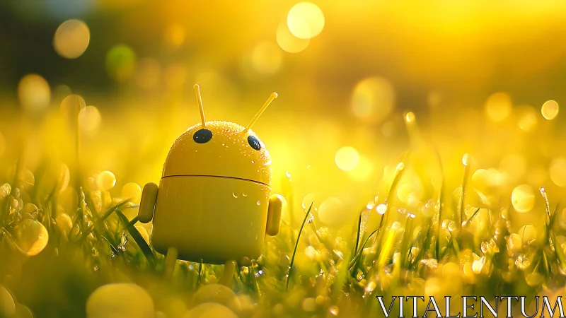 Cute yellow robot toy glows in golden sunrise dew