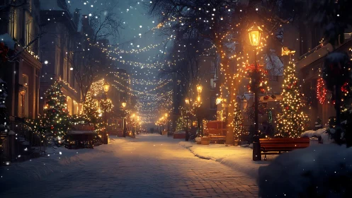 Snowy holiday street sparkles with warm festive lights tonight