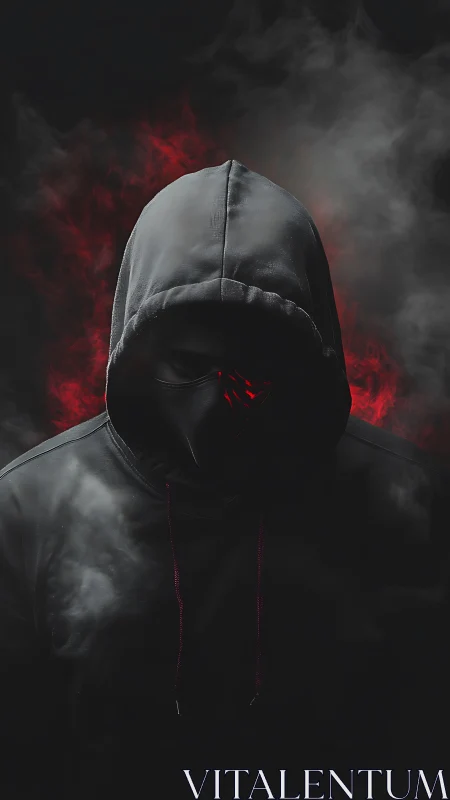 Mysterious hooded figure in smoky red and black shadows.