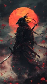 Armored samurai stands under blood red sun in mist.