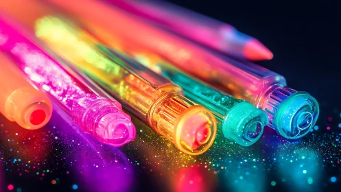 Fluorescent glitter gel pens aligned on neon bokeh surface.