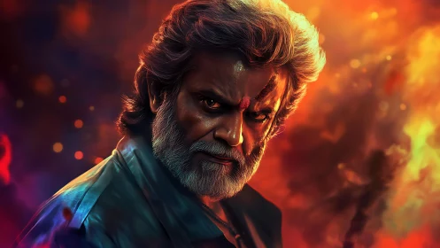 Storm-lit elder warrior stares through molten dusk firestorm.