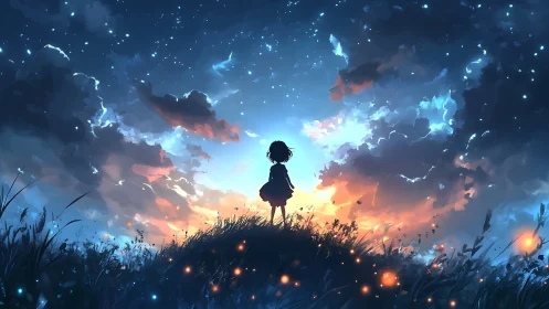 Silhouette child on starlit hill under glowing twilight sky.