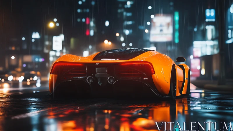 Orange sports car on wet city street at night in rainfall.