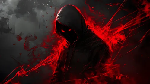 Hooded dark figure with red energy in abstract space.