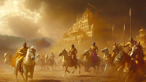 Golden cavalry before ornate temple in dusty twilight.