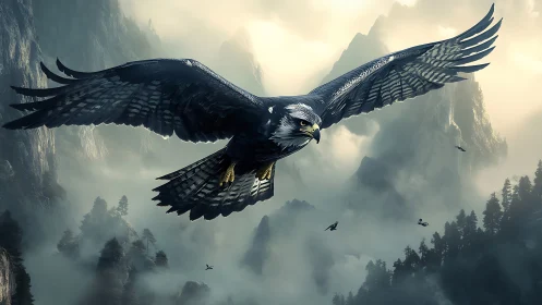 Majestic Hawk Soars Over Misty Mountain Valley in Dramatic Style.