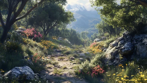 Mountain path through sunlit wildflowers and rocky hillside.