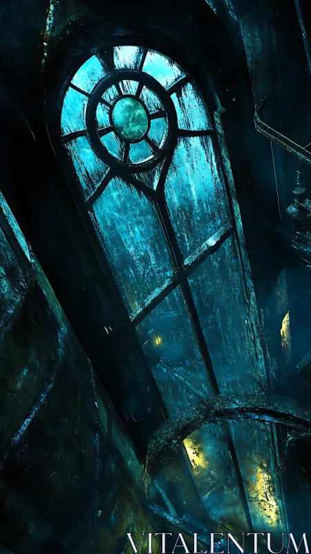 Tilted circular-arched window structure is shown in decay