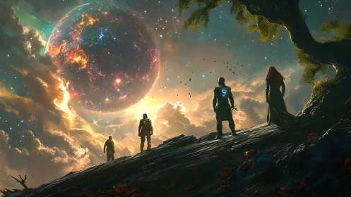 Four explorers observe luminous planet in alien sky.