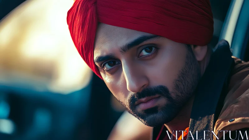 Close-up portrait of man with red turban in soft car lighting