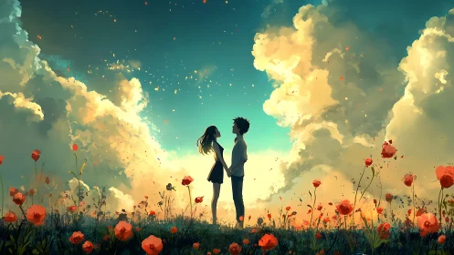 Two Figures in Luminous Poppy Field Against Ethereal Sky.