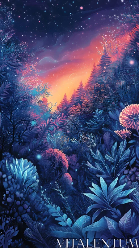 Luminous twilight forest under vivid cosmic sky.