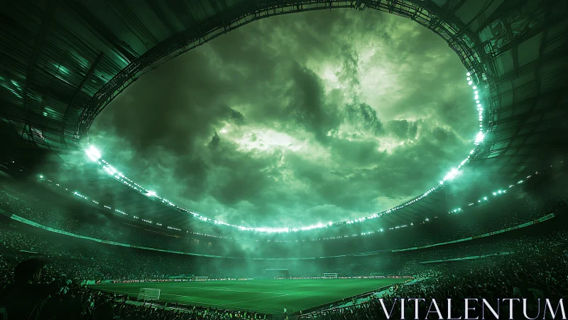 Stormlit football stadium glows under dramatic green sky