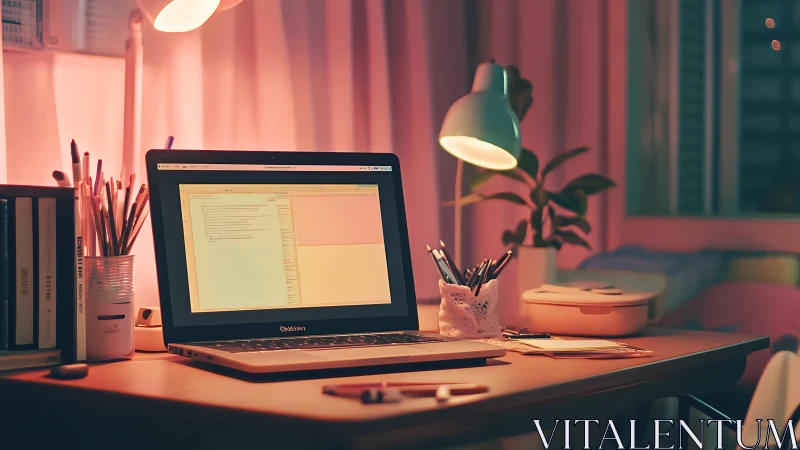 Laptop glows on tidy desk under warm evening lamplight