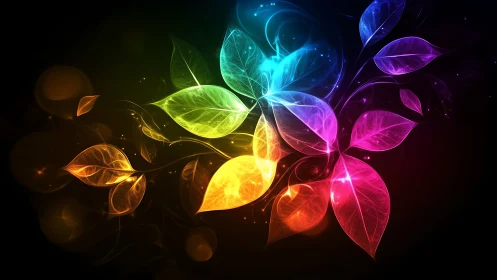 Neon leaves drift through cosmic dusk in prismatic bloom