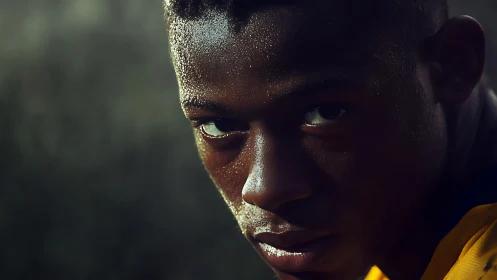 Sweat covered athlete stares intensely into the camera