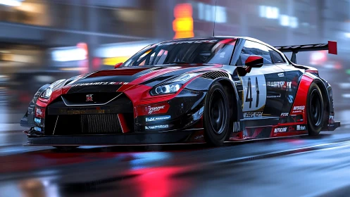 Red and black GT race car speeding through neon city streets.
