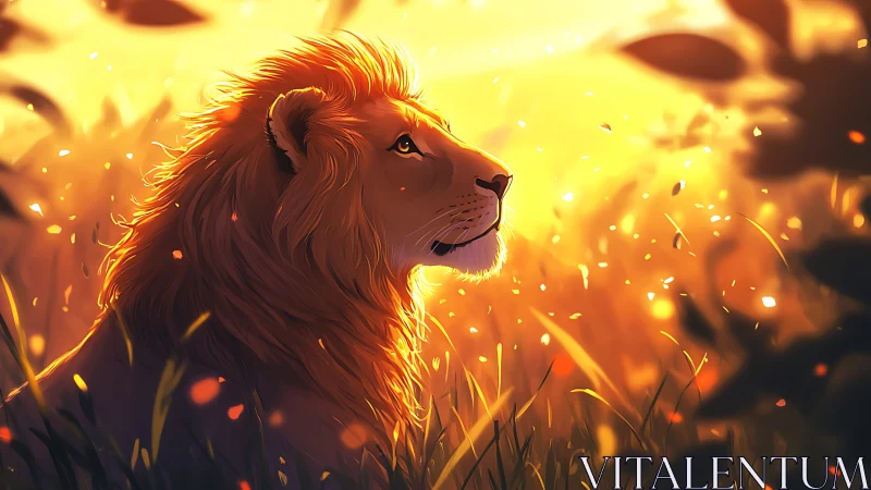 Golden hour lion resting peacefully in glowing grasslands.