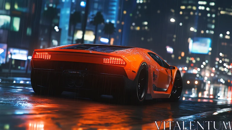 Orange supercar slicing through neon city rain at night.