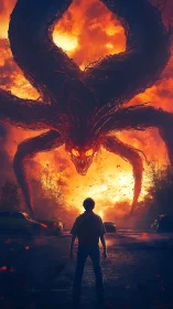 Boy confronts colossal fiery demon under apocalyptic sky