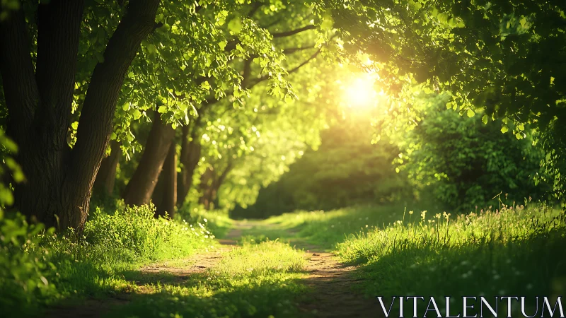Sunlit Forest Path with Lush Greenery in Serene Natural Style.