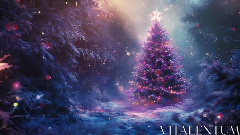 Enchanted winter Christmas tree glowing with gentle holiday light.