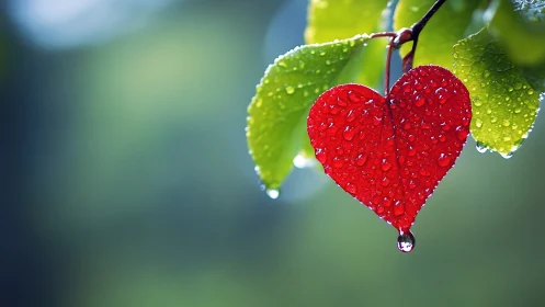 Heart-Shaped Red Berry with Dew Drops on Green Foliage.