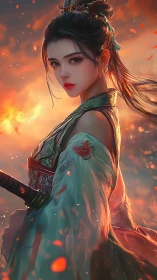 Blade-bright warrior maiden amid ember-kissed twilight.