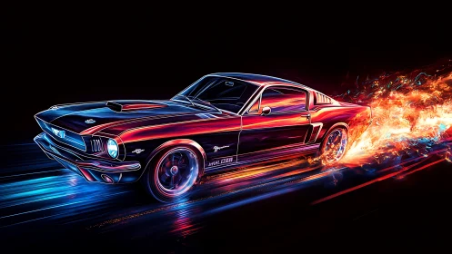 Neon muscle car blazing through a streaked night highway.