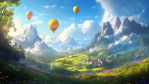 Sunlit balloons drifting above a dreamy mountain valley.