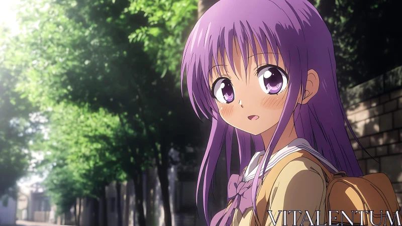 Soft sunlight follows a shy anime girl on a quiet street walk