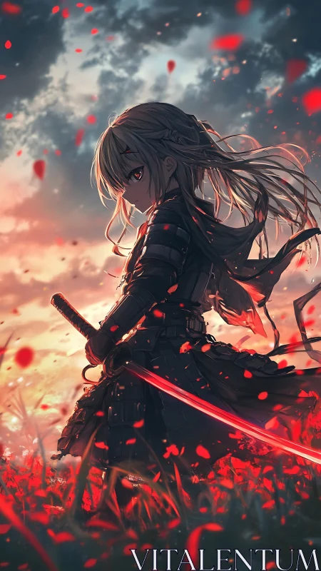 Stormlit swordswoman in a field of drifting red petals.