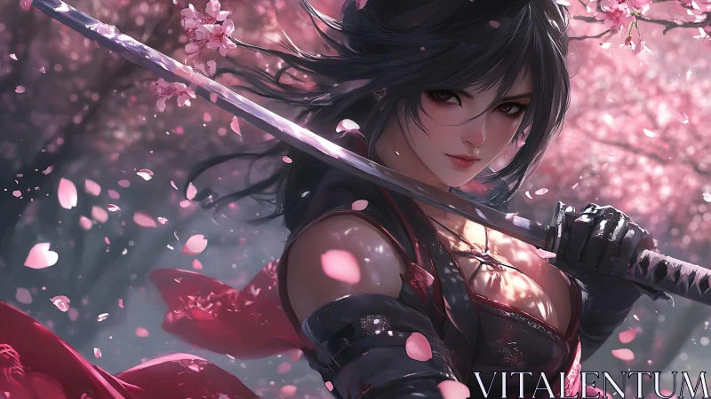 Sword-wielding warrior confronts destiny amid falling blossoms