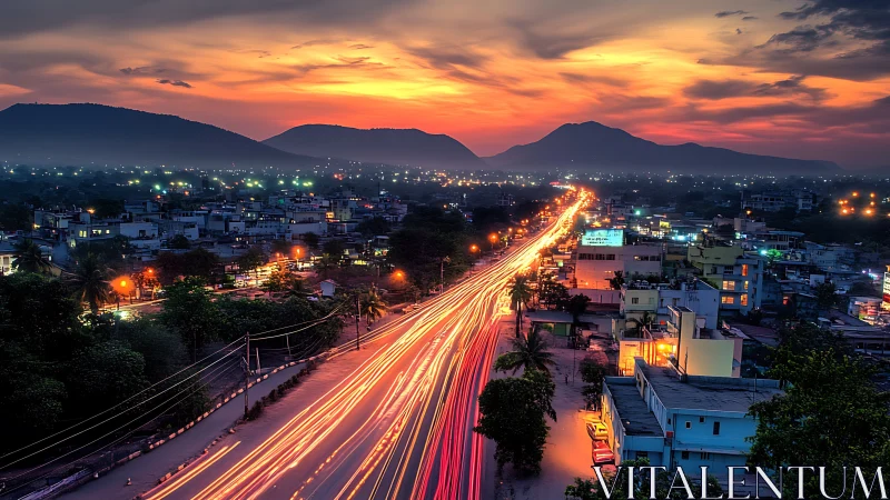 Long-exposure urban highway at dusk with luminous trails.