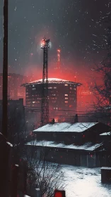 Snow covered industrial buildings with red city glow at night