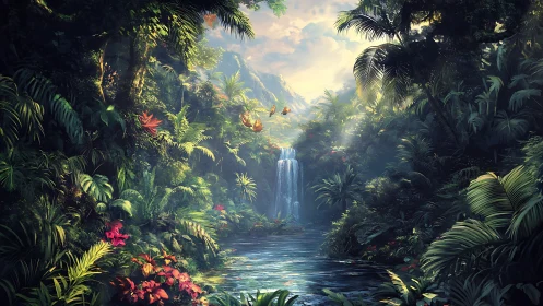 Hidden jungle waterfall hums softly beneath emerald canopies