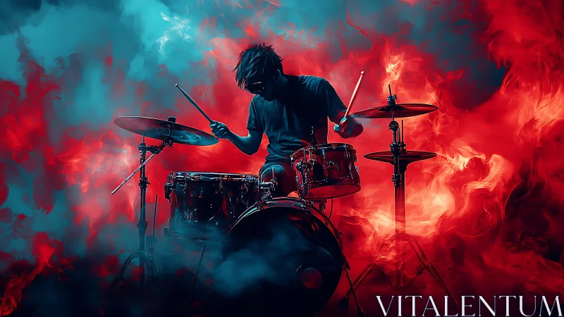 Fiery stage lights engulf a lone drummer in electric smoke