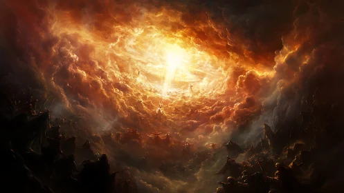 Apocalyptic cloud vortex with radiant axial energy breach.