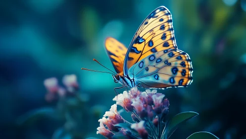 Gentle butterfly pauses on soft blossoms in quiet evening light