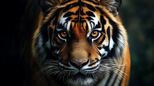 Golden-eyed tiger gazing from the jungle shadows.