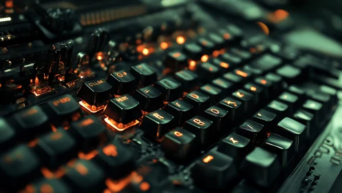 Mechanical keyboard keys glow with orange cybernetic backlight