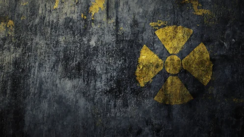 Weathered yellow radiation symbol on dark concrete wall.