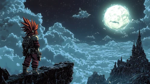 Lone cyber adventurer overlooks moonlit fortress skyline.