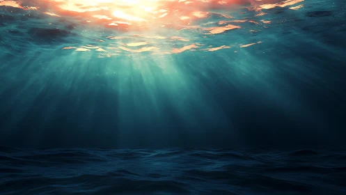 Sunlit underwater seascape with deep blue ocean surface.